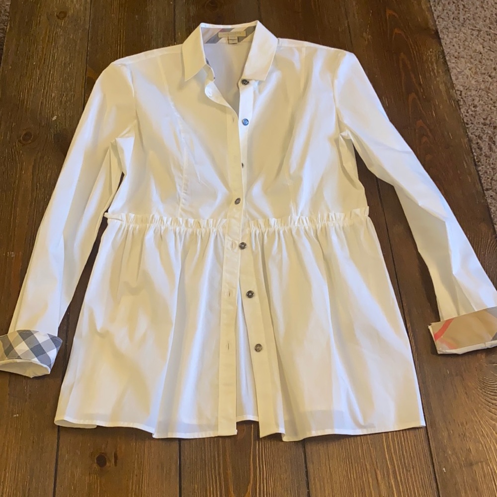 Burberry White Peplum Blouse with Burberry Plaid Cuffs Medium